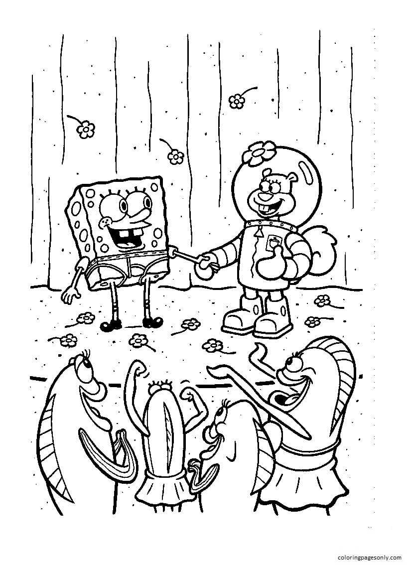 Pagina da colorare di SpongeBob e Sandy Cheeks