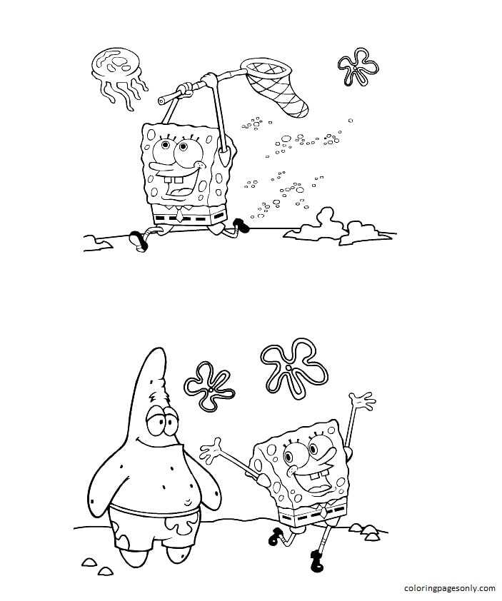 SpongeBob is catching a jellyfish Coloring Pages - Spongebob Coloring