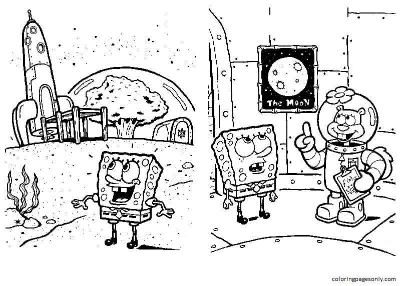Pagina da colorare di SpongeBob sulla luna