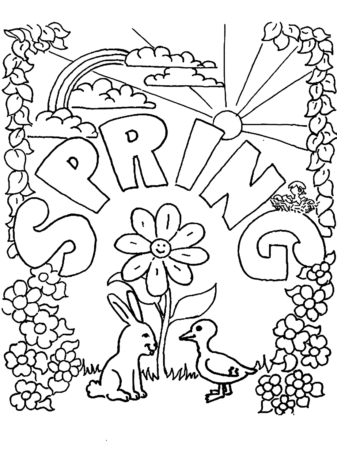 Página para colorir da estação da primavera