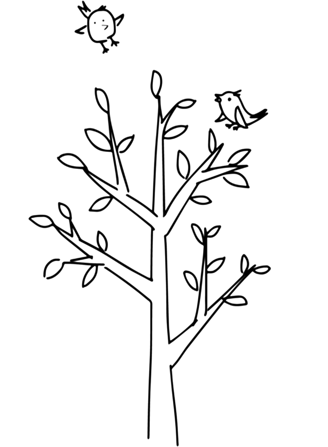 Página para colorir de árvore de primavera com pássaros