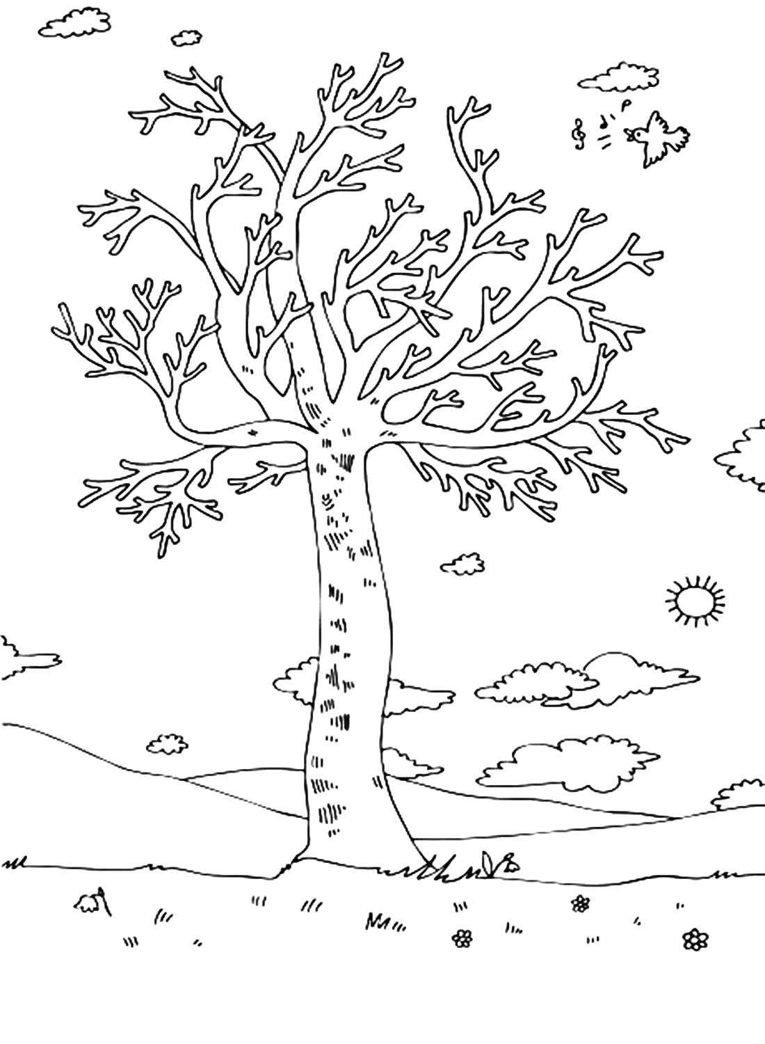 Página para colorir de árvore de primavera com folhas e flores