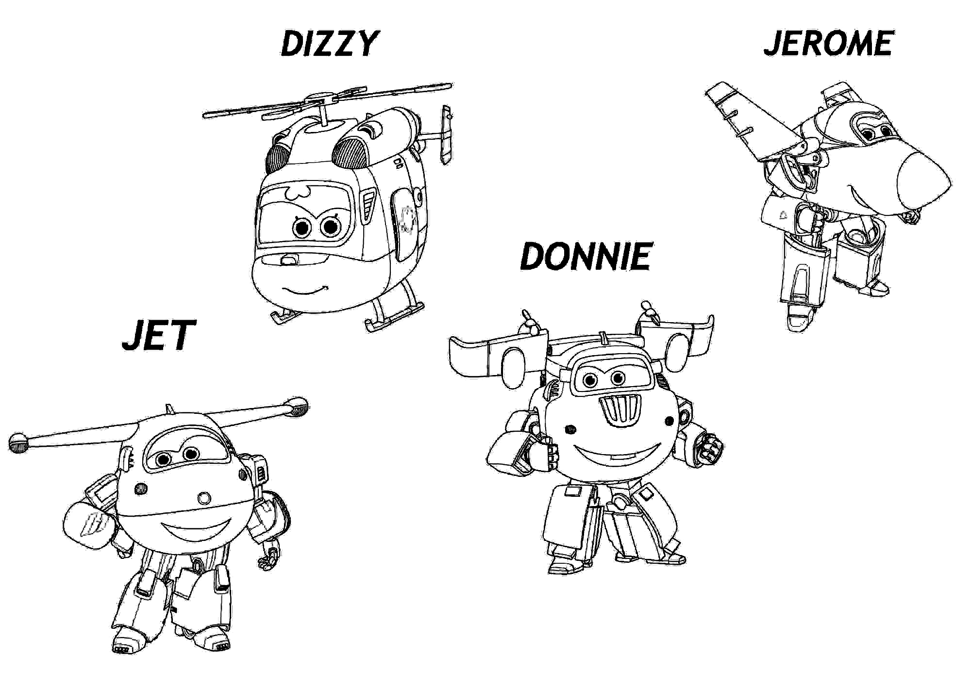Squad of Jett, Dizzy, Donnie and Jerome from Super Wings Coloring Pages