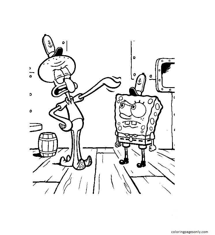 Squidward With Sponge Coloring Pages