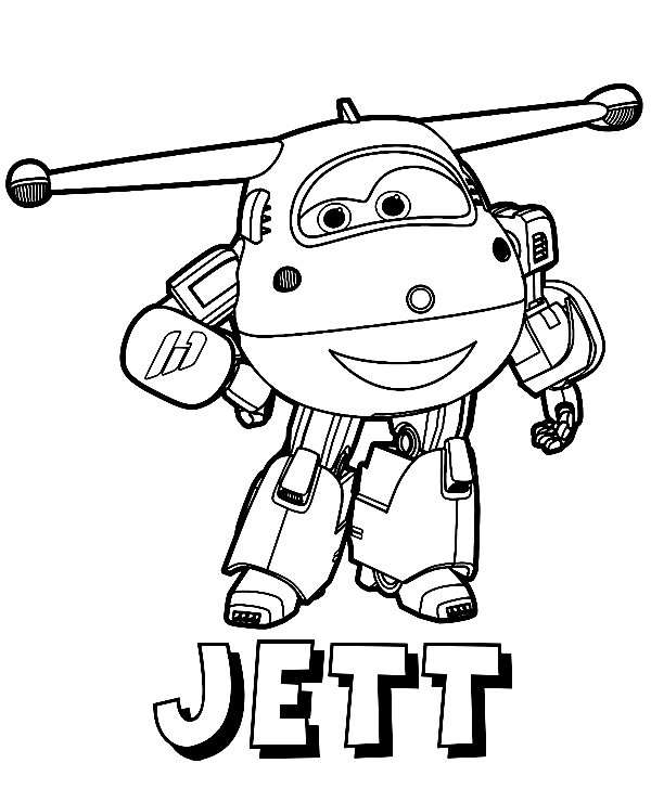 Happy Jett di Super Wings durante il trasferimento della pagina da colorare del robot