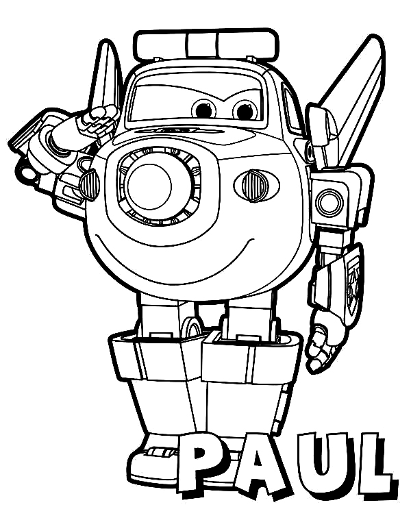 Transforming robot police airplane Paul salutes police-style from Super Wings Coloring Page