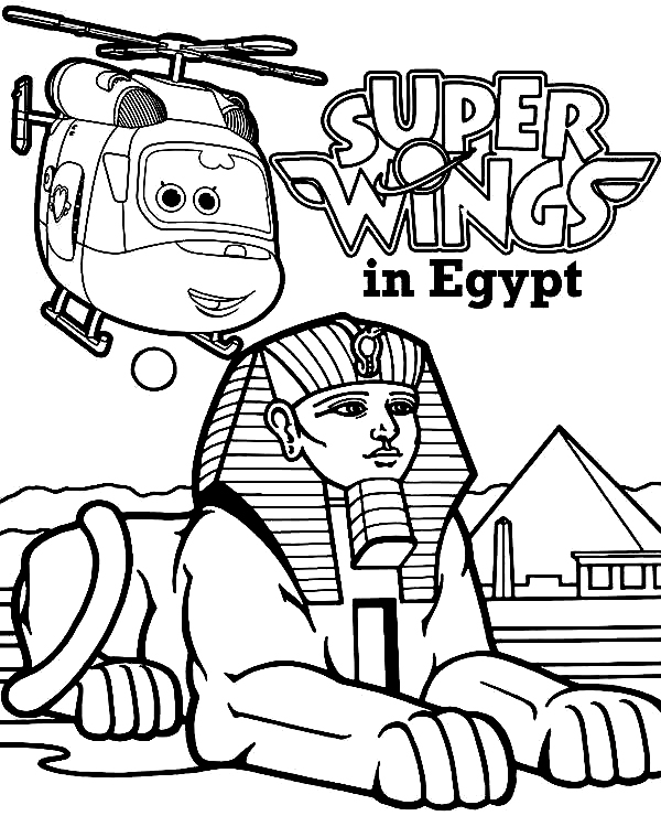 Super Wings Dizzy con la statua della Sfinge in Egitto Pagina da colorare