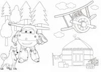 Super Wings Jett talks to Husky and Donnie flying in the sky Coloring Page