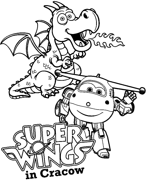 Jett e Fire Dragon Flies giocano insieme nella pagina da colorare di Super Wings Cracovia