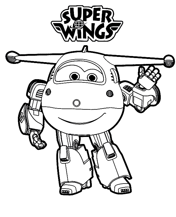 Il robot in trasformazione Jett fa un gesto con la mano dalla pagina da colorare di Super Wings