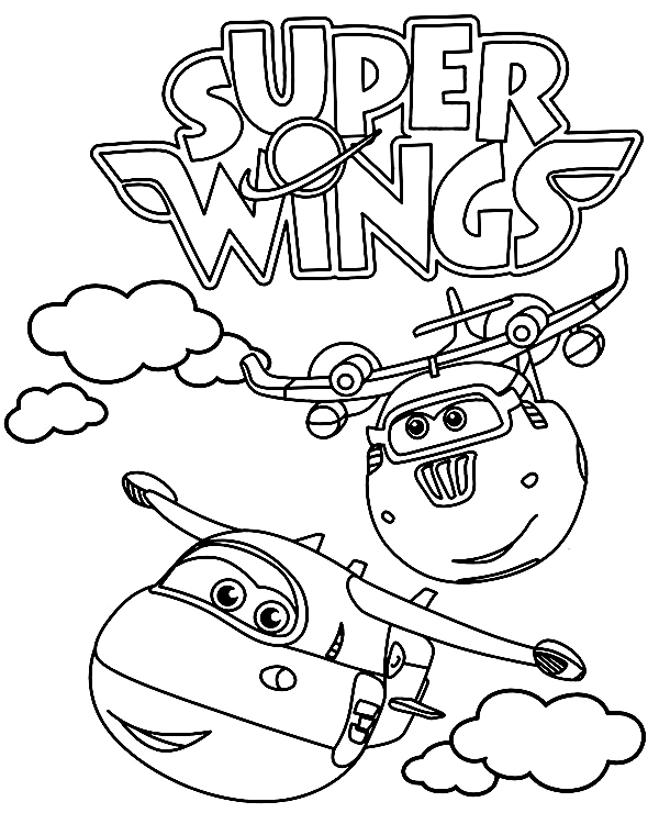 Jett and Donnie from Super Wings flying in the sky Coloring Page