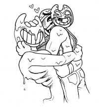 The Ink Bendy hugs the human with Bendy mask in Bendy and the Ink Machine Coloring Pages