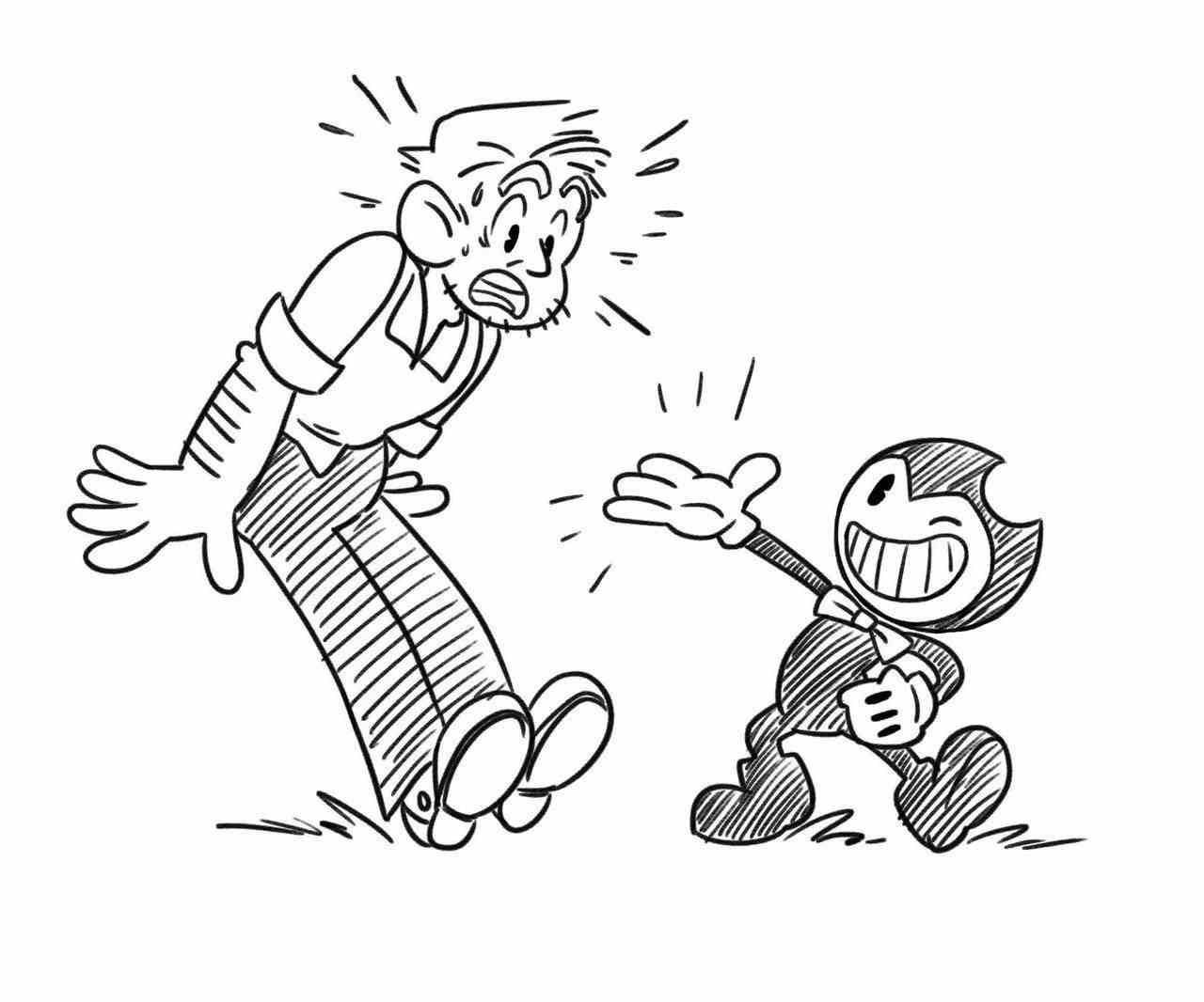 The man surprises when talking to Bendy from Bendy and the Ink Machine from Bendy