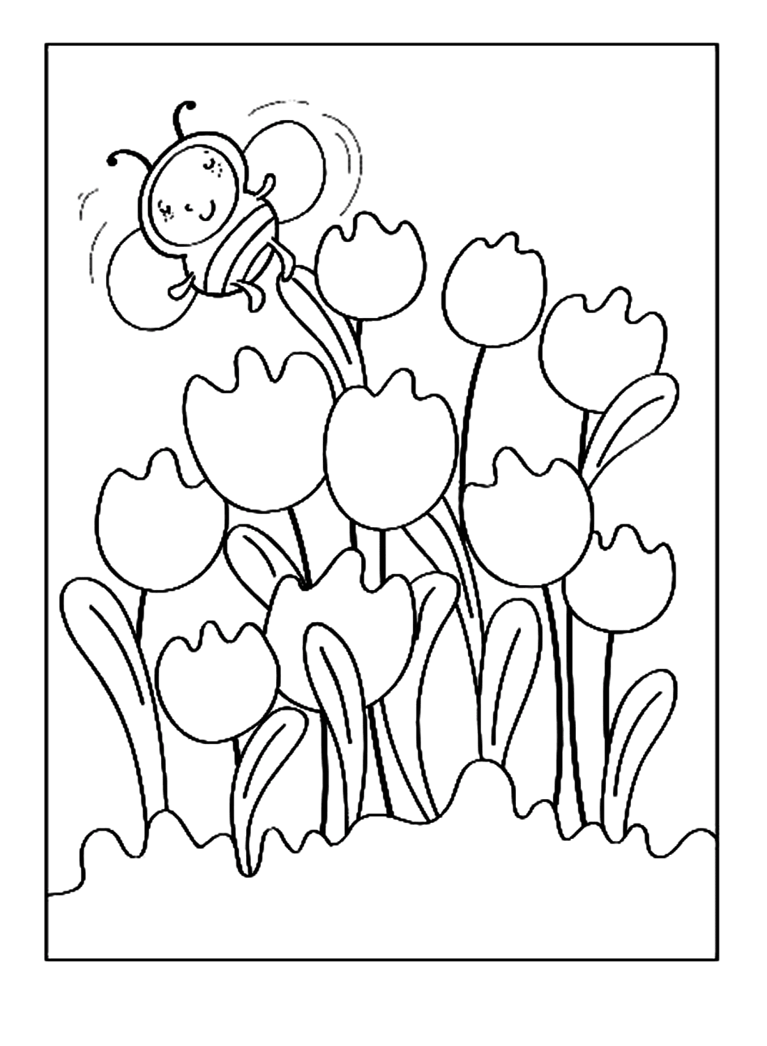 Tulips And Bumble Bee Coloring Page