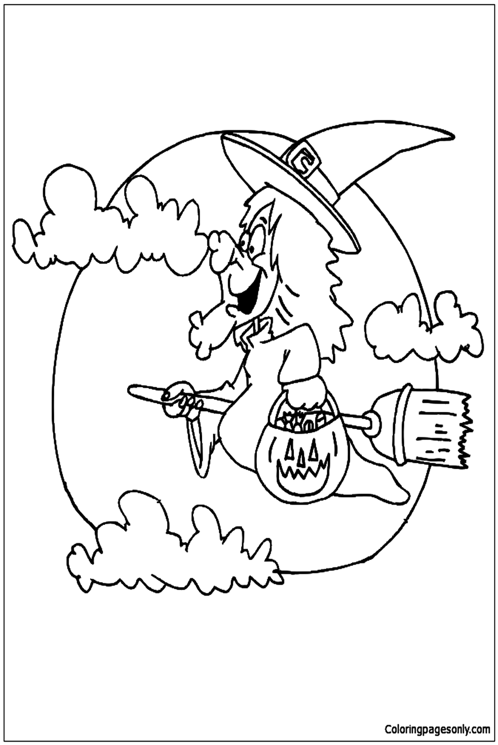 Witch Flying On A Broom By The Moon Coloring Pages