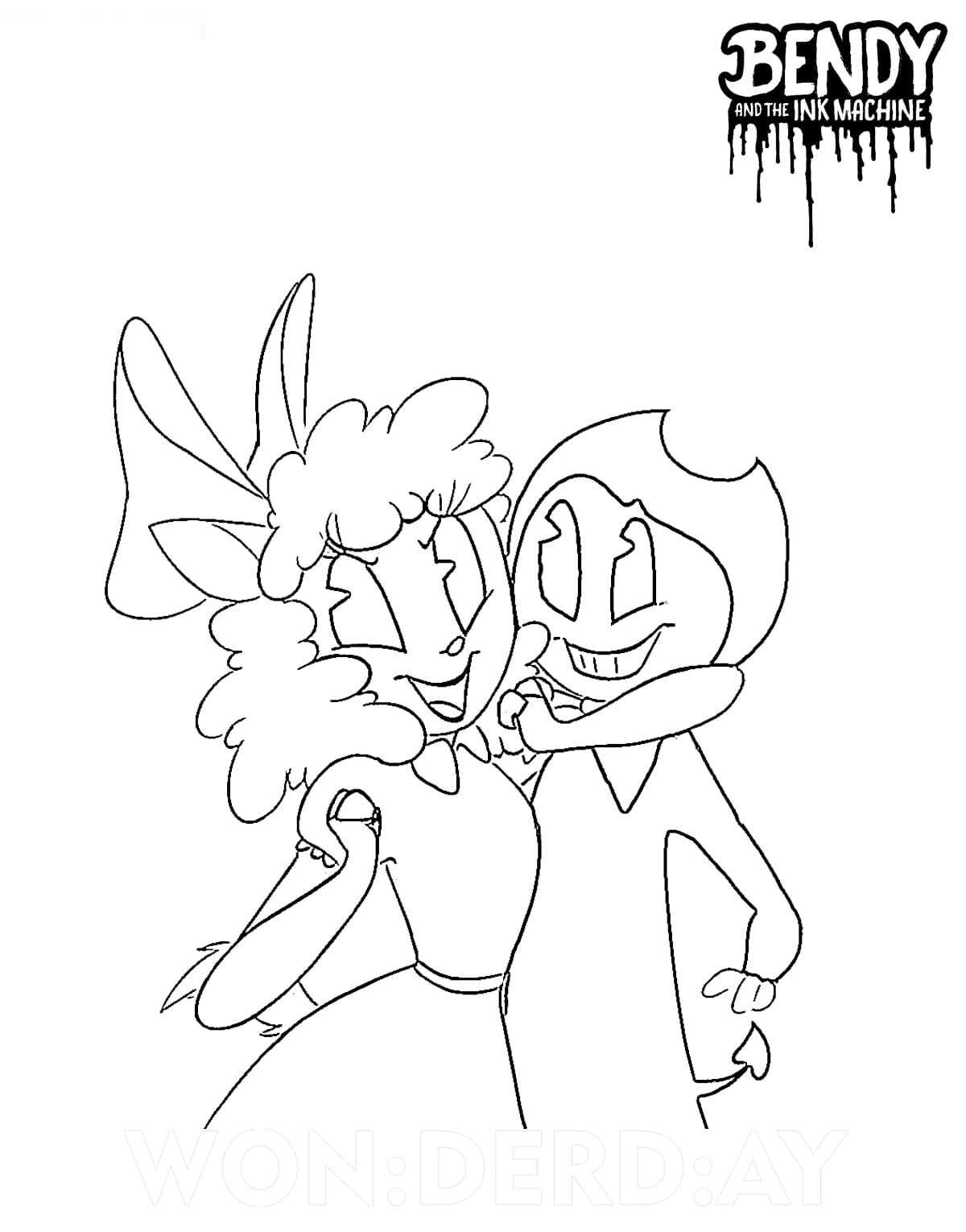 Lady sheep hugs Bendy from Bendy and the Ink Machine Coloring Page