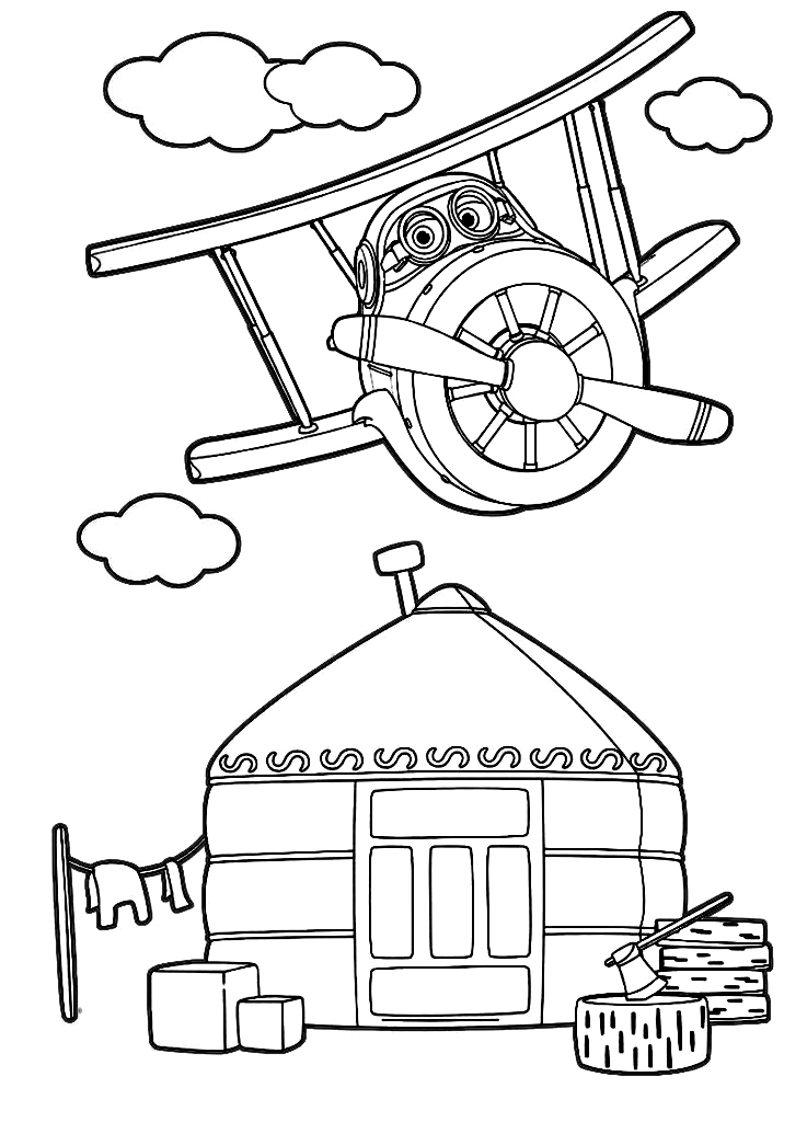 Super Wings Grand Albert flies above the house Coloring Pages