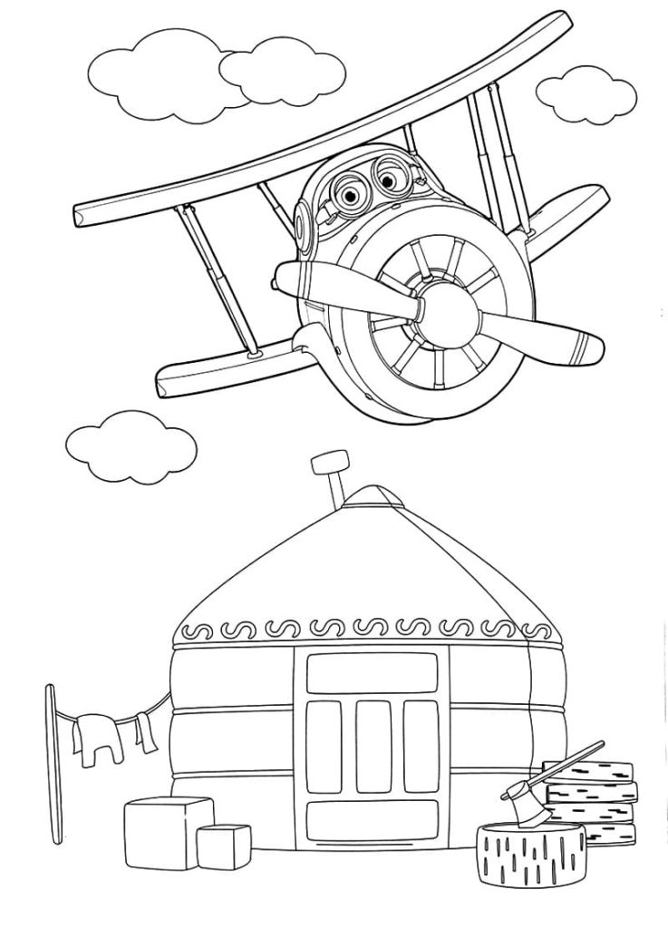 Super Wings Grand Albert flies above the house Coloring Pages