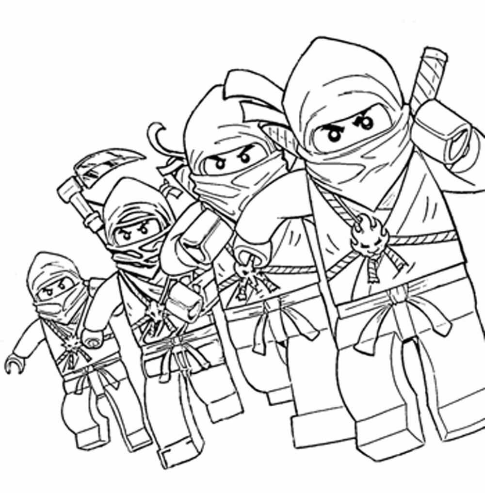 Four ninjas prepare to attack the enemies in Ninjago Coloring Page