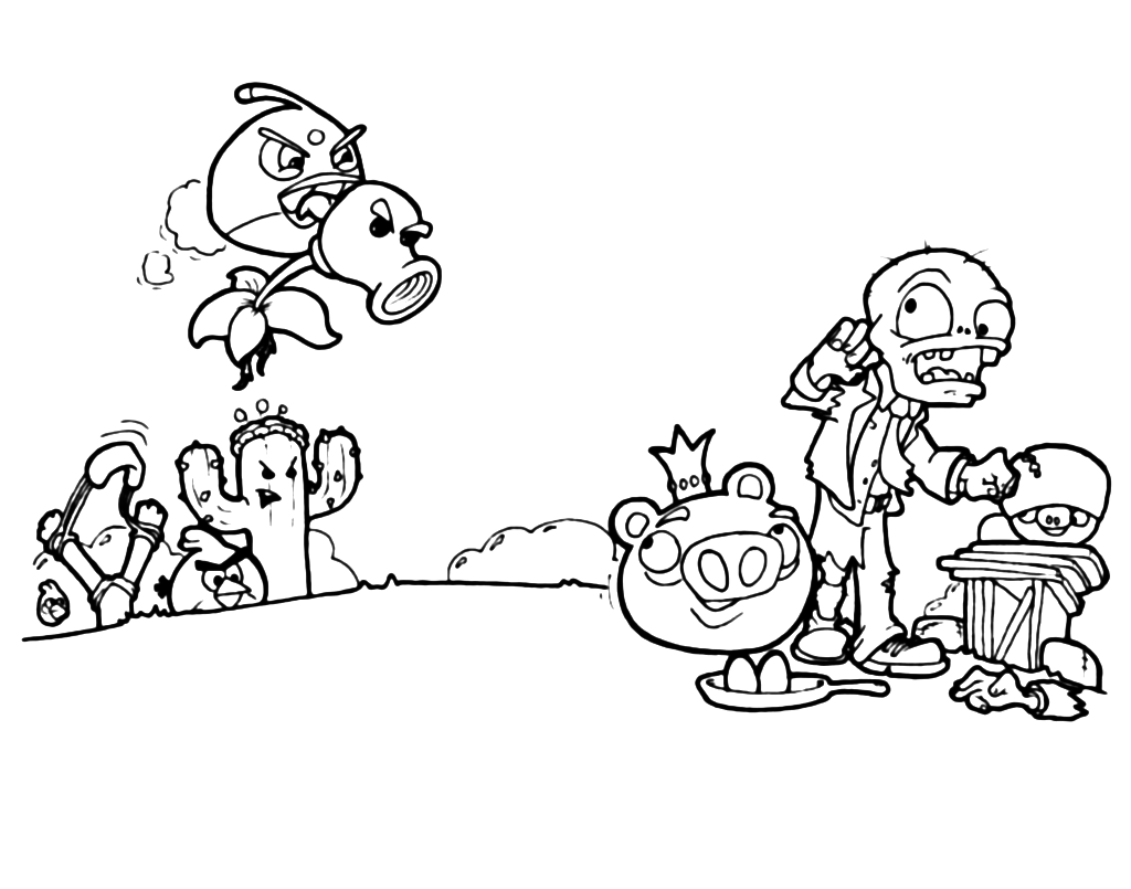 Angry Birds With Plants Fight Against Pigs And Zombies Coloring Pages