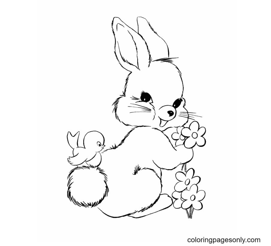 Baby Bunnies, Flower and Little Bird Coloring Pages
