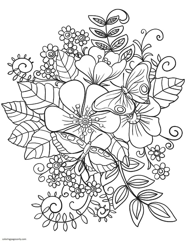 Butterflies on Flowers Coloring Page