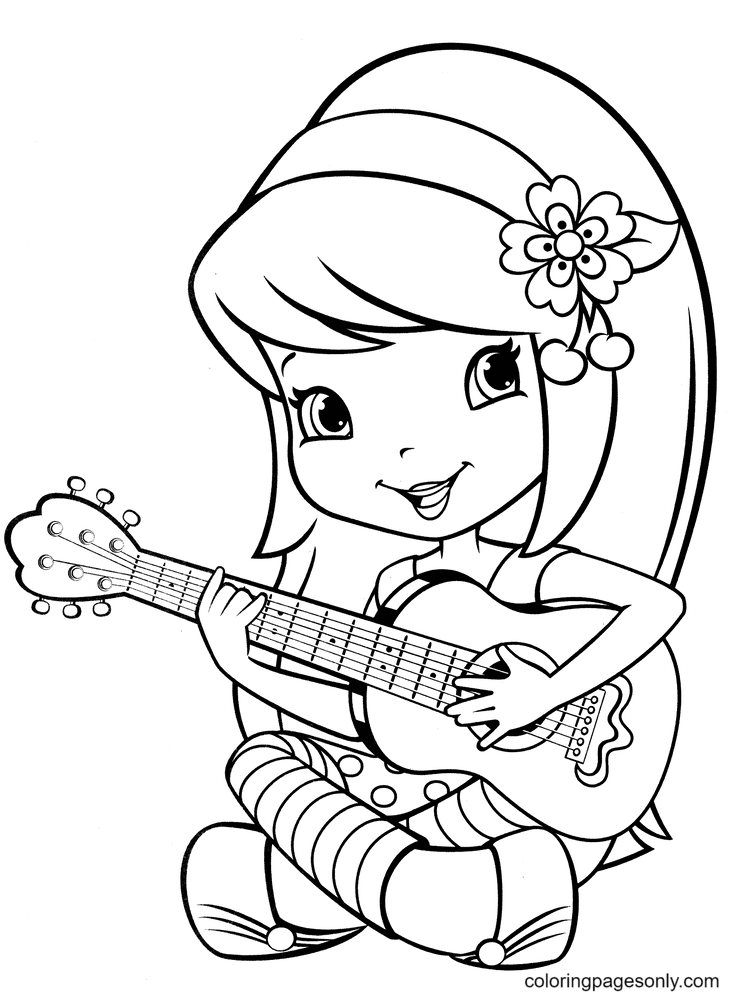 女孩着色页中的樱桃果酱和吉他