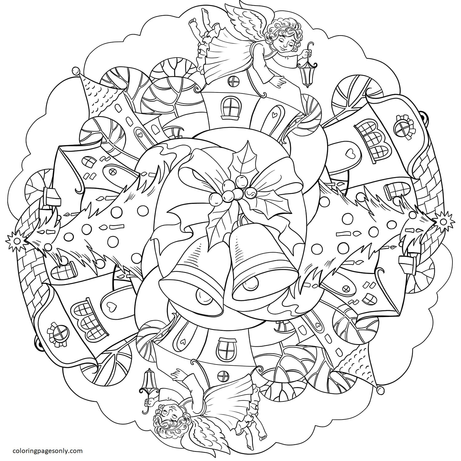 Christmas Mandala with Bell and Angel in Town Coloring Pages - Teenage