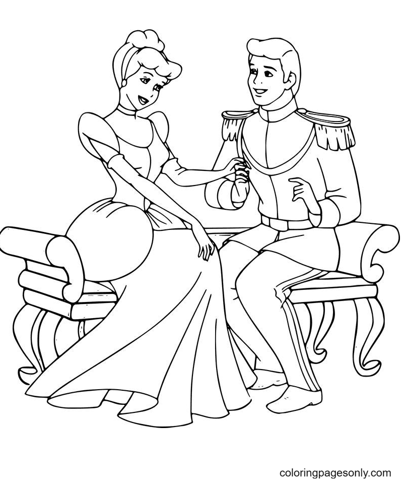 Desenho para colorir Cinderela e o príncipe que ficam conversando