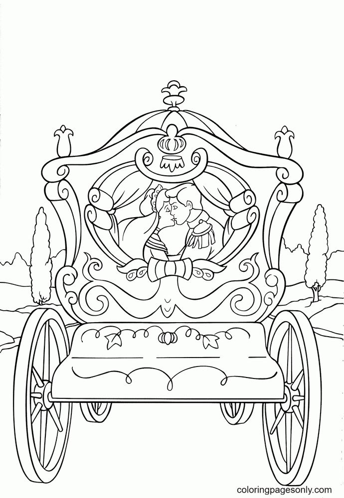 Desenho para colorir do carrinho de casamento da Cinderela