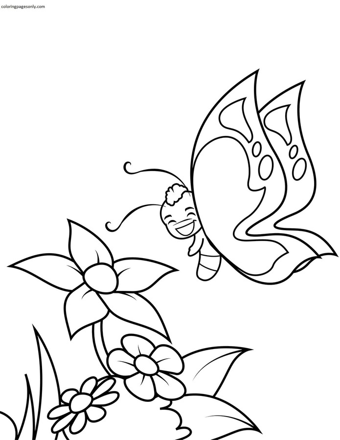 Cute Butterfly Boy Flies over Flowers Coloring Page
