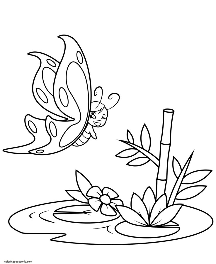 Cute Butterfly Flies over the Swamp Coloring Page