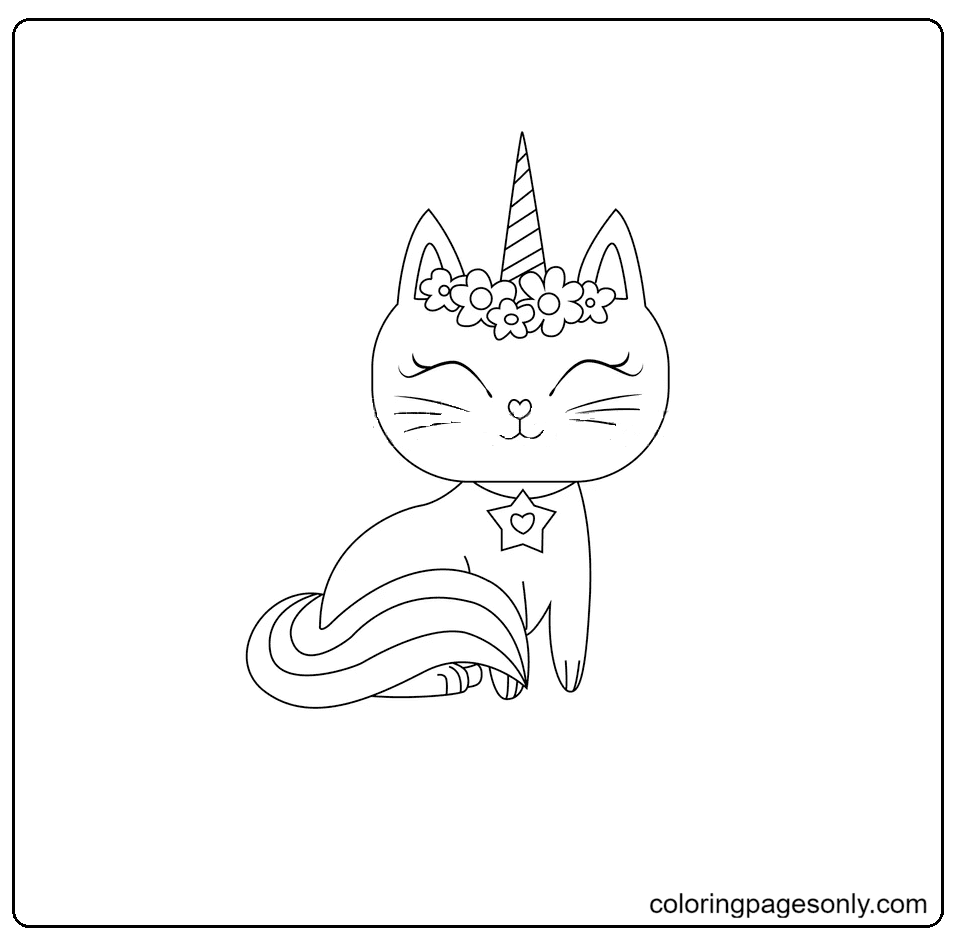 Cat Unicorn sits on the rainbow Coloring Pages - Cat Coloring Pages