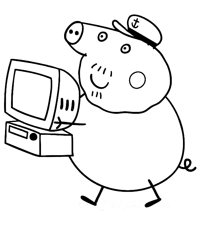 Daddy Pig heeft een computer van Peppa Pig vast