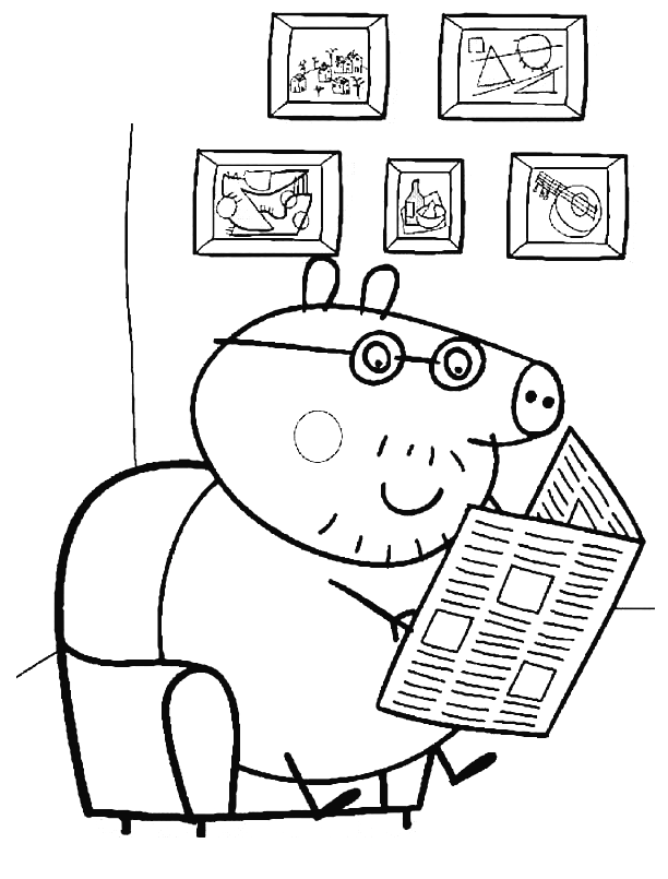 Daddy Pig Reading Newspaper Coloring Page
