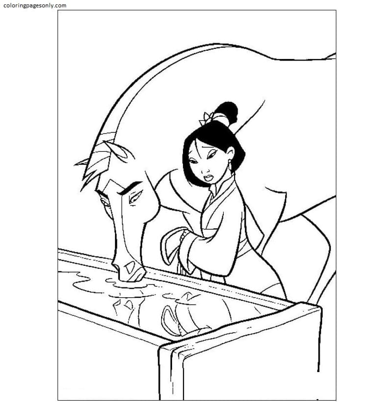 Fa Mulan Gives The Horse Water Coloring Pages