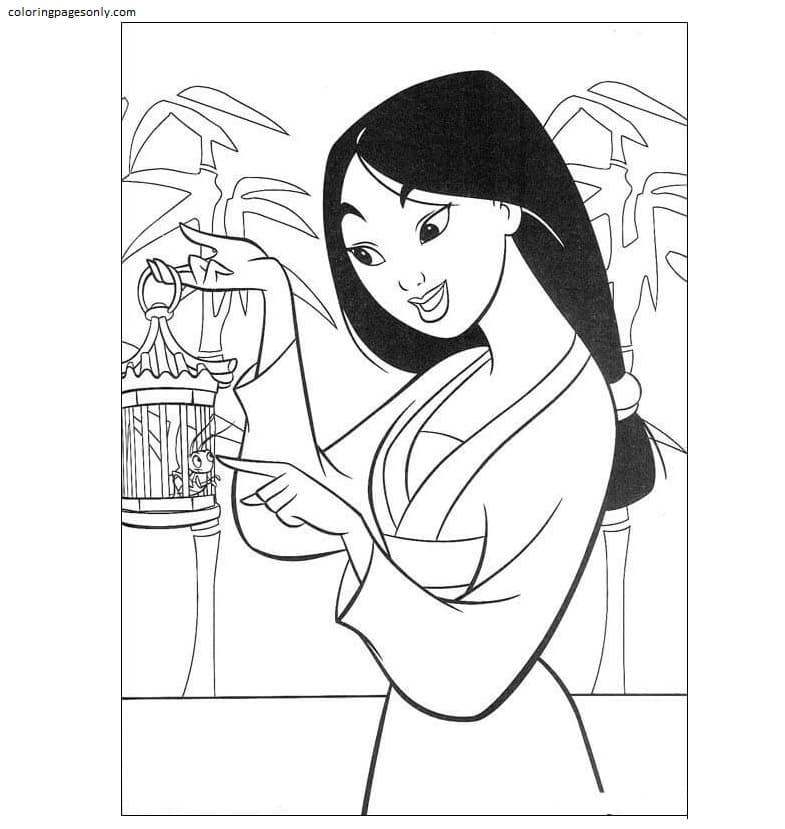 Fa Mulan Is Talking With Her Bug Coloring Page
