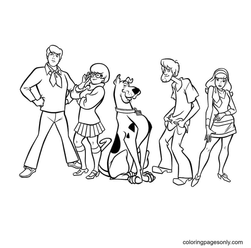 Fred, Velma, Scooby-Doo, Shaggy and Daphne Coloring Page