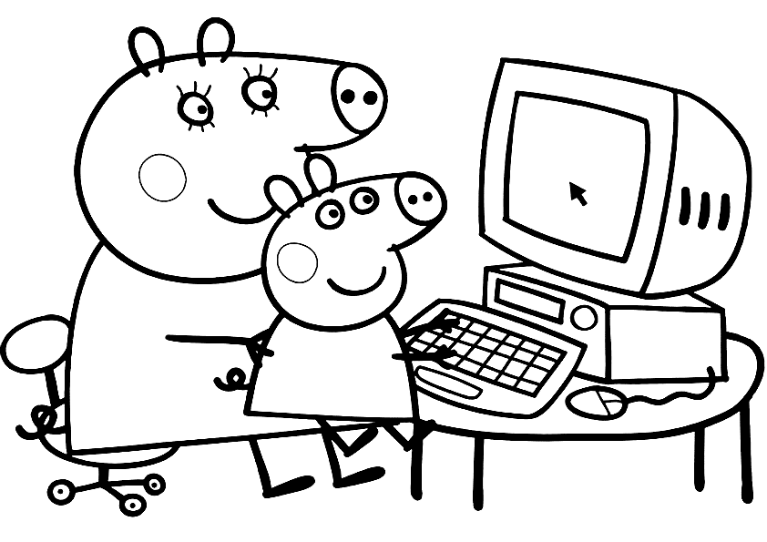 Mummy and George Playing Computer Coloring Page