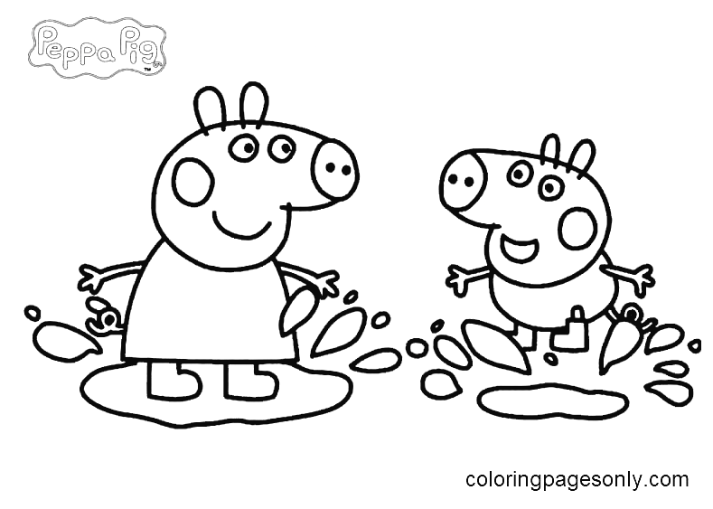 Pagina da colorare di George e Peppa che saltano nelle pozzanghere fangose