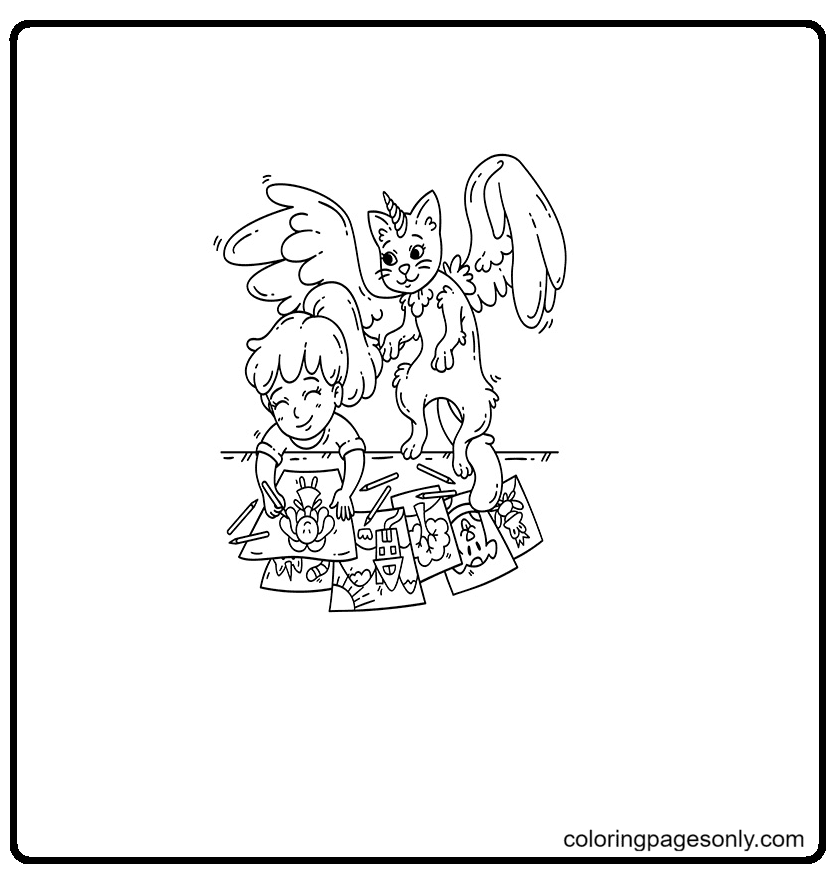 Girl and Unicorn Cat Coloring Page