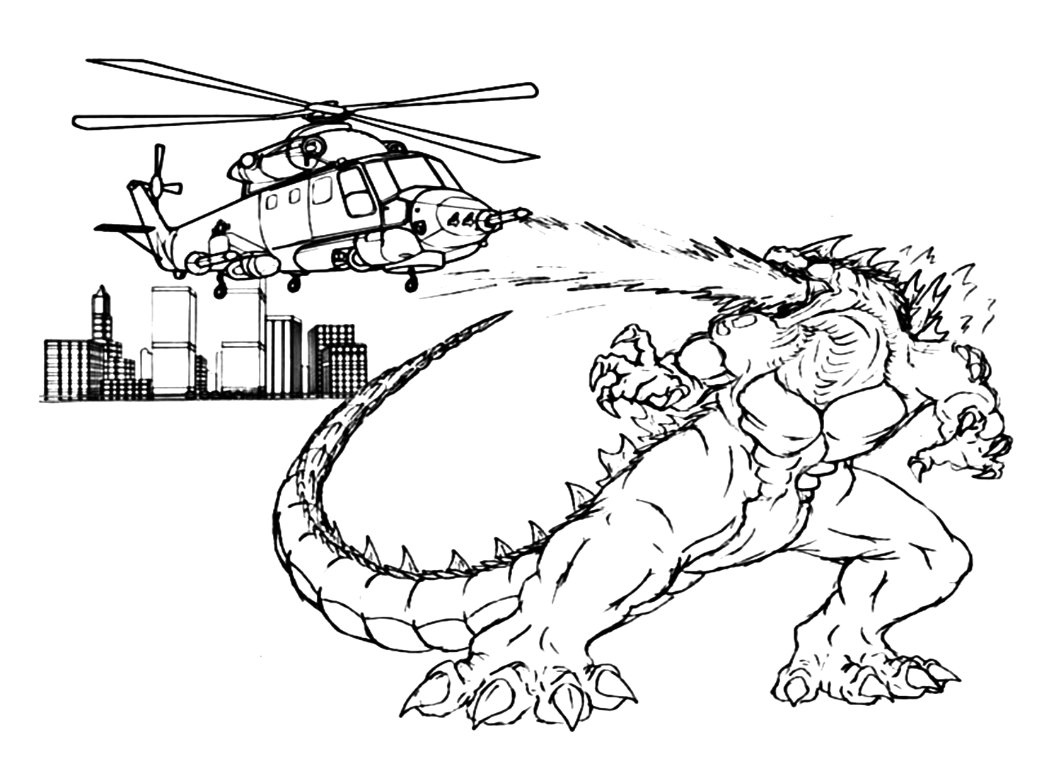 Pagina da colorare di Godzilla che attacca un elicottero