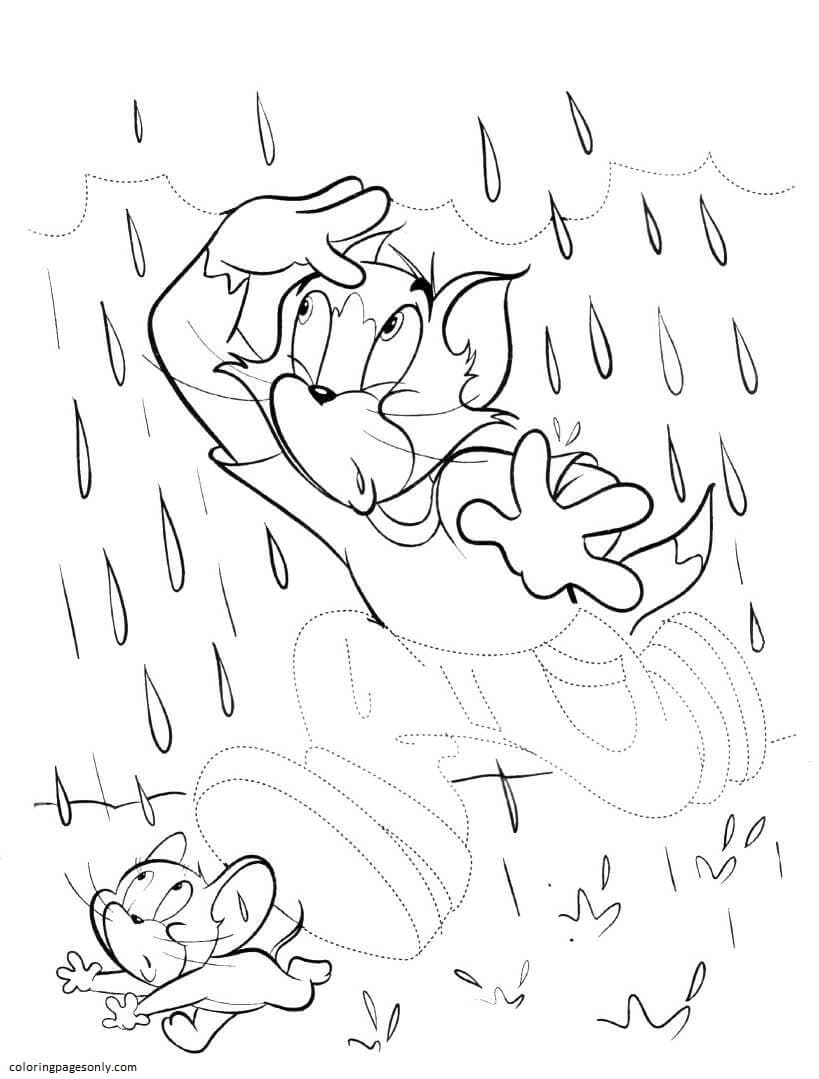 Jerry Running Under The Rain Coloring Page