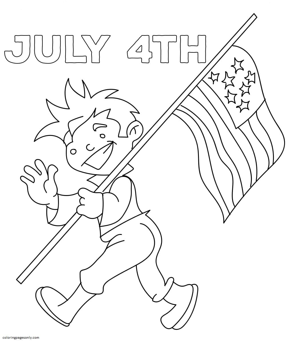 Enfant marchant avec le drapeau le 4 juillet du 4 juillet
