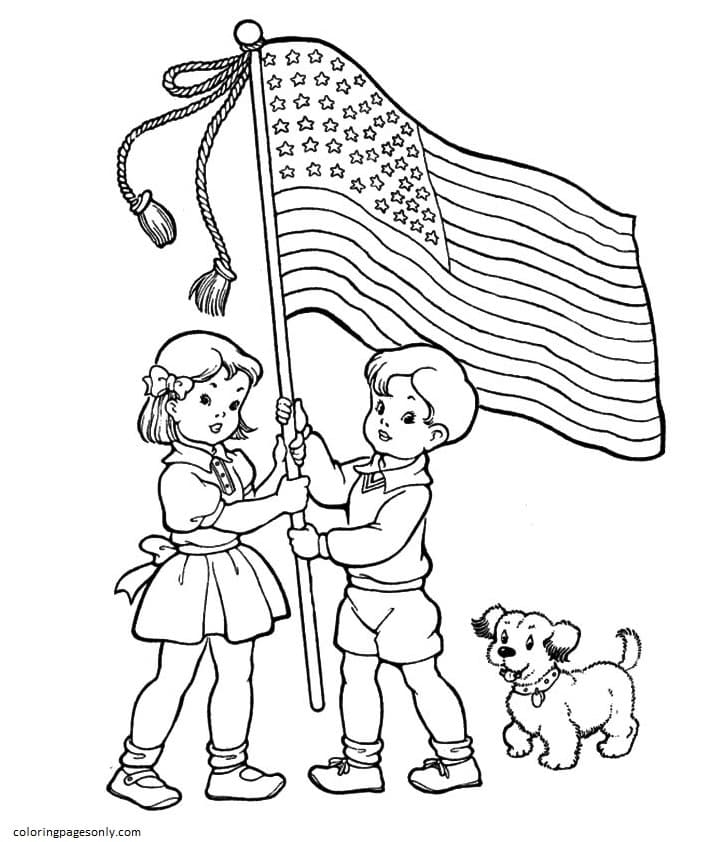 Kids Holding the Flag of USA Coloring Page