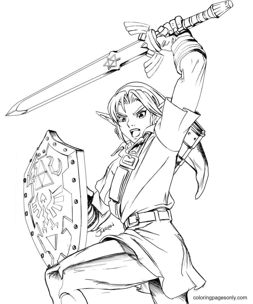 Link use Shield and Sword Coloring Page