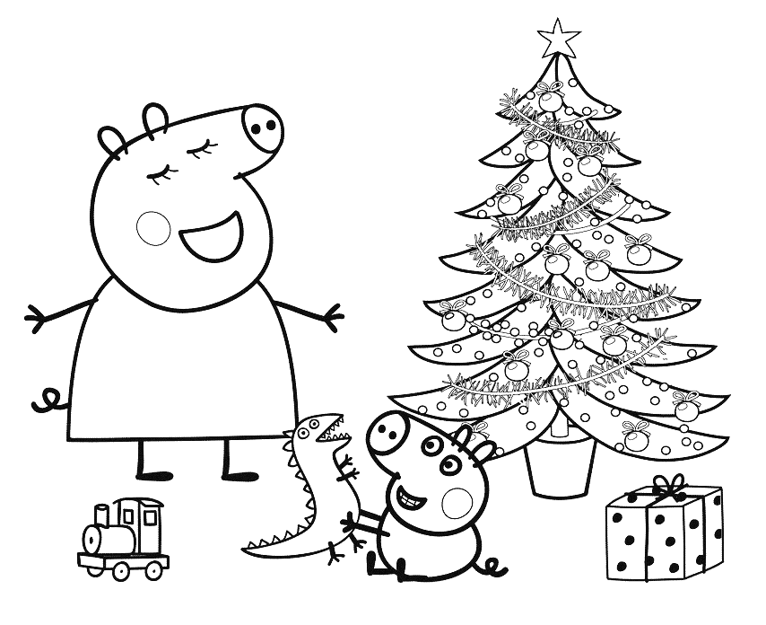 Mammy Pig, George And A Christmas Tree With Gifts Coloring Page