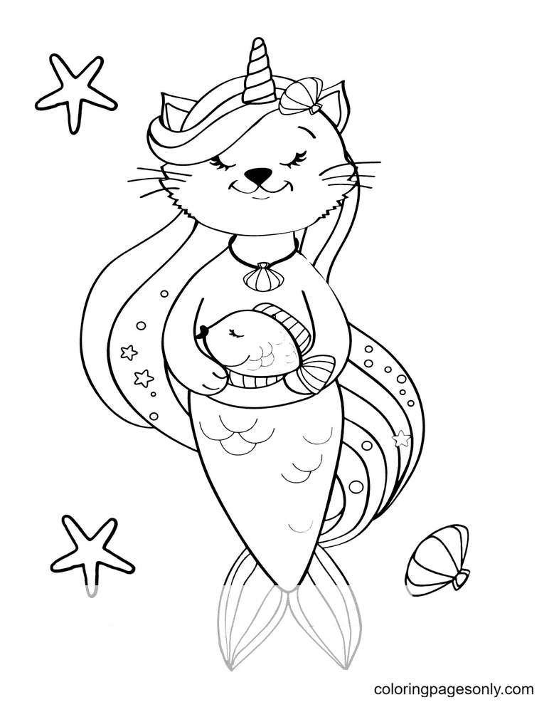 Mermaid Cat Unicorn Coloring Pages