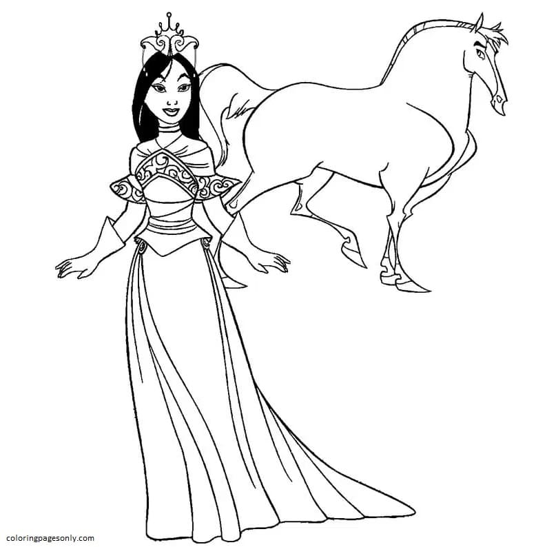 Mulan and Her Horse Coloring Page