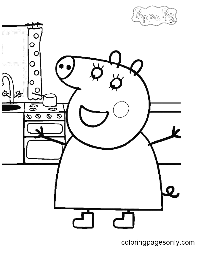 Página para colorear de Momia Pig en la cocina